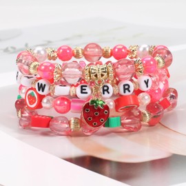 HWJQ 4Pcs Cute Strawberry Beaded Bracelet Charms Strawberry Clay Enamel Pearl Stretch Bracelets Fruit Slice Bracelet for Women Summer Beach Jewelry Gifts, Middle, Resin, no gemstone