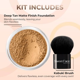 2pc FOUNDATION with KABUKI BRUSH Mineral Makeup (DEEP TAN) Matte Loose Powder Bare Face Cosmetics Full Coverage Long Lasting All Skin Types SPF 18