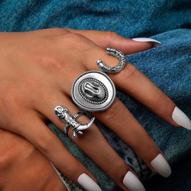 HUASAI Western Statement Rings for Women Silver Turquoise Jewelry Cow Hat Boot Stackable Knuckle Thumb Rings Western Outfit Accessories