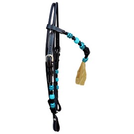 WeavingCraft Western Leather Round Headstall with Natural Hand Braided Turquoise Rawhide Futurity Knot Natural Hair Tassels Bridle -Dark Brown (Full)
