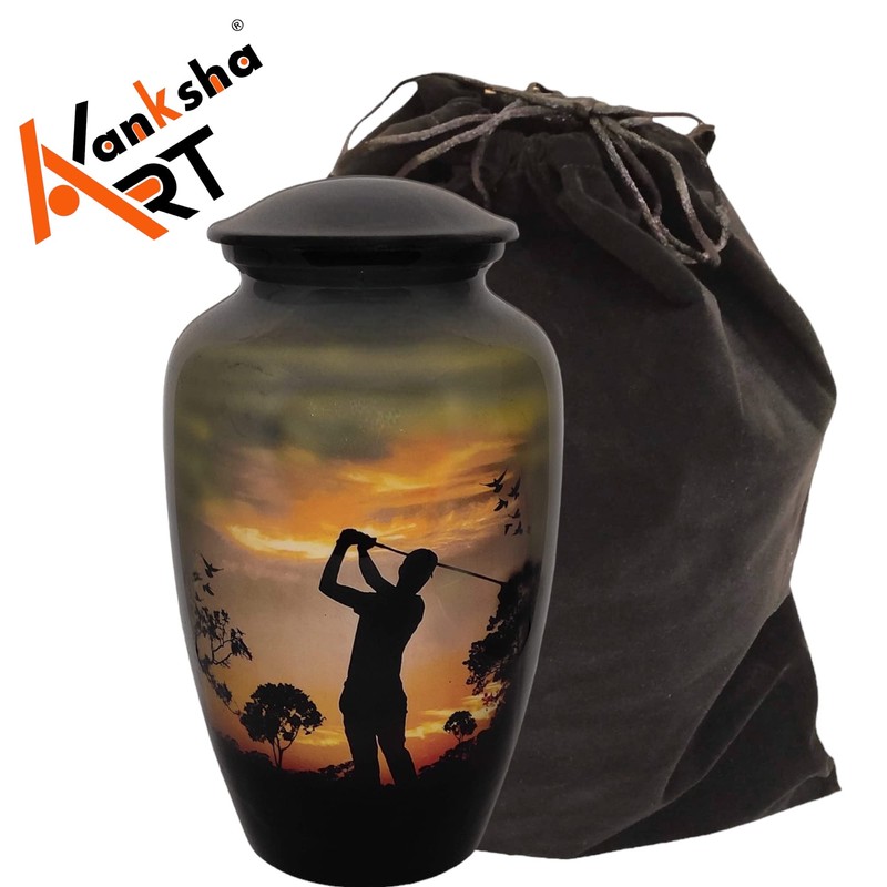 Akanksha Arts Cremation Urn, Burial Urns. Lovely Golfer Golf Design.