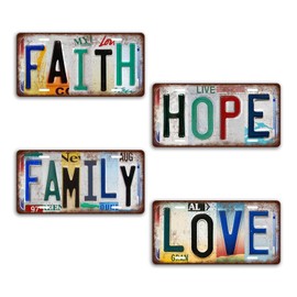 JBYMsign Vintage Family Wall Decor Faith Hope Family Love License Plate Metal Sign Tin Signs Poster- 4 PCS