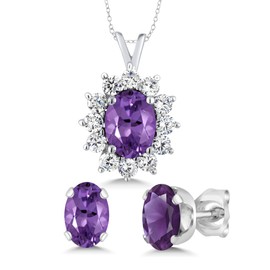 Gem Stone King 925 Sterling Silver Purple Amethyst Pendant and Earrings Jewelry Set For Women | 3.00 Cttw | Gemstone February Birthstone | Oval 8X6MM and 7X5MM | With 18 Inch Chain
