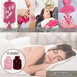 K Collection 2 x Hot Water Bottles - Luxury Cosy Faux Fur Fleece Cover with Pom Poms - Natural Rubber 2 Litre Capacity - (Pink and Plum)