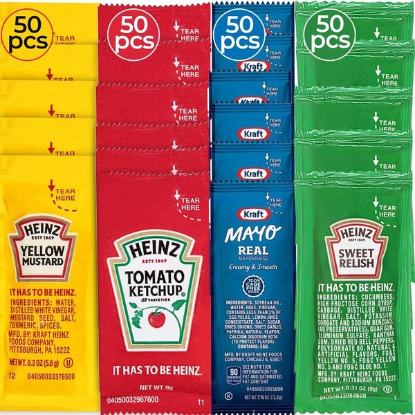 Condiment Packets Variety Pack Bulk Bundle - 200 Individual Condiment
