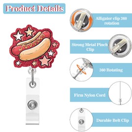 4th of July Badge Reel,Fun Hot Dog Acrylic Badge for ID Card,250th Patriotic Telescoping Retractable Badge Holder Alligator Clip Accessories for Nurse,Medical Worker,Nursing Student,Teacher