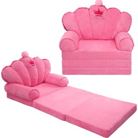 harhoers Kids Couch Fold Out Comfy Toddler Foldable Chair,Toddler Couch Bed,Baby Sofa Chair,Pink Princess Chair for Toddlers 1-5 | Couch Bed Fold Out for Girls Bedroom Furniture