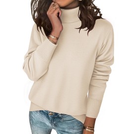 Zeagoo Women's Turtleneck Sweater Long Sleeve Spilt Hem Casual Knit Pullover Chunky Fall Winter Jumper Top 2025 Beige