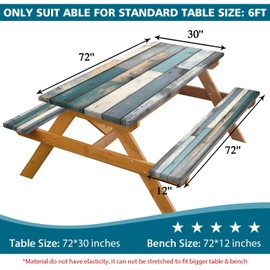 Picnic Table Cover with Bench Covers,Farmhouse Wood Waterproof Windproof Outdoor Table Cloth with Elastic Rectangle, Camping Essentials Patio Tablecloth with Drawstring Bag, 72x30 Inch (Wood)