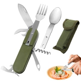Camping Cutlery Folding Cutlery Outdoor Cutlery Camping Cutlery Folding Cutlery Set Stainless Steel Cutlery 7 in 1 Multifunctional Travel Cutlery with Belt Bag for Camping Outdoor Hiking Travel Picnic