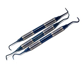3 Dental Curettes 204S + H6/H7 + Montana Jack - Hollow Handle, Blue Titanium Coated Professional Teeth Cleaning Calculus Remover Periodontal Scalers - Stainless Steel for Oral Care Double Ended Tips