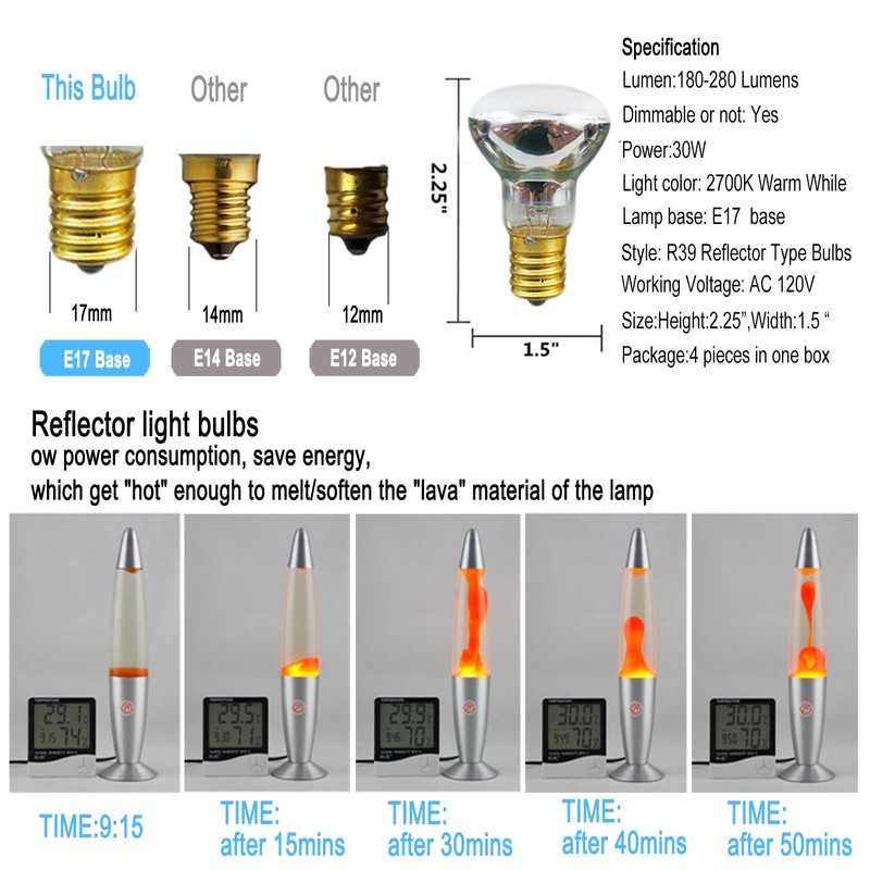 Lava Lamp Bulb 4 Pack 30W E17 R39 Reflector Type