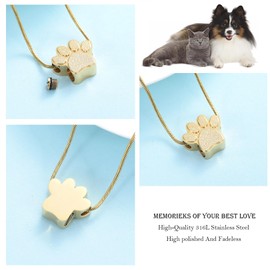 Hearbeingt Pet Cremation Jewelry for Ashes Paw Print Urn Necklace for Dog's/Cat's Ashes Pendant Memorial Charm Lockets(Gold)