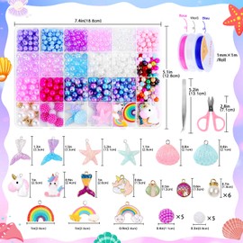 LWAIX Beads Set Approx. 646 Pieces for Threading Bracelets DIY Children with 6/8 mm Colourful Craft Beads Pearls Unicorn Mermaid and Pendant for Christmas Holidays Birthdays Parties Rewards