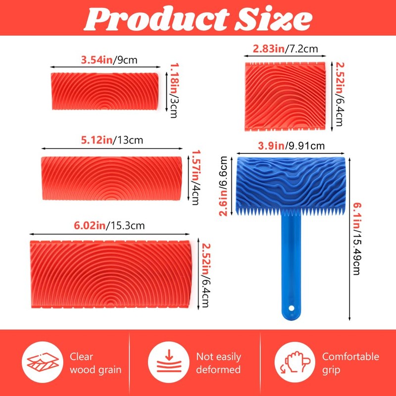 5 Pack Wood Grain Tool,Woodgraining Tool Kit,Texture Pattern with Handle