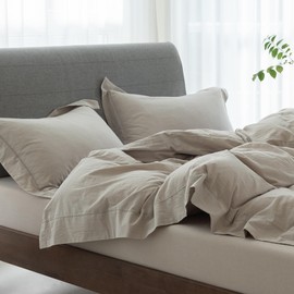 ELIMMO Duvet Cover Set Linen Texture 100% Cotton Fabric Durable Breathable Natural Dreamy Chic Feel (Hemmed Beige Grey, King)