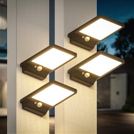 Mofkirg (4 Pack) Solar Outdoor Wall Light, Waterproof, 2025 Model, 2000mAh Battery, 350 Lumens, 3 Modes, 3000K Warm White, Motion Sensor, Solar Lights for Fences Camping Steps Deck Doors Posts Patios