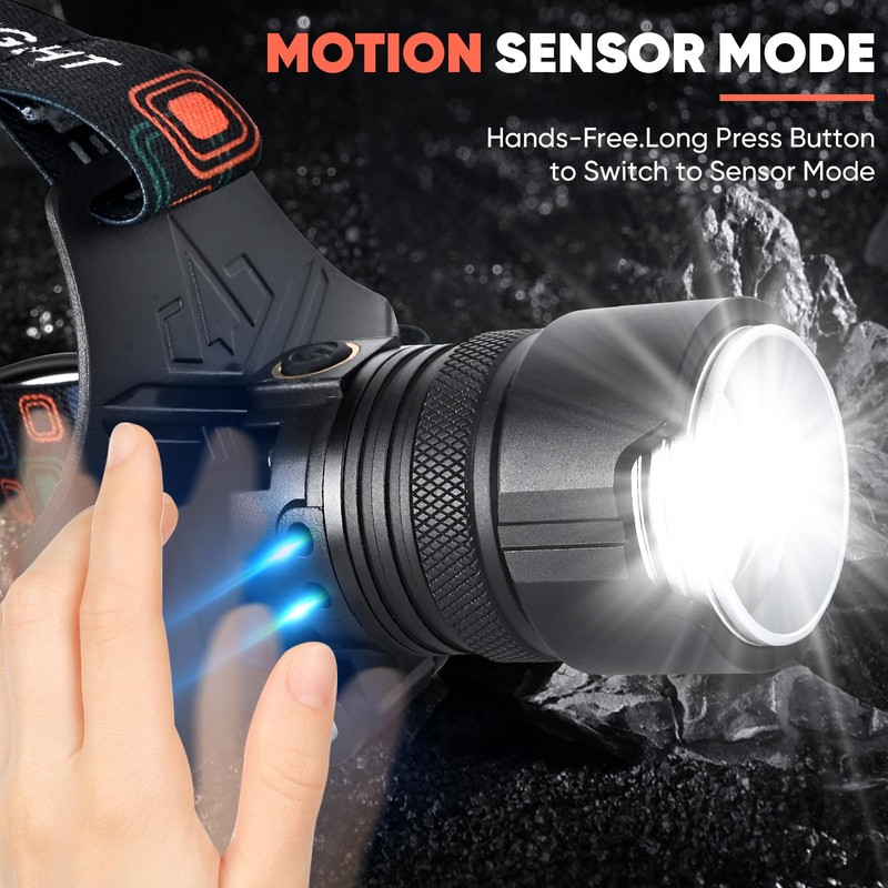 Headlamp Rechargeable,Super Bright Led Head Lamp With Motion Sensor,10 Modes,125°Adjustable