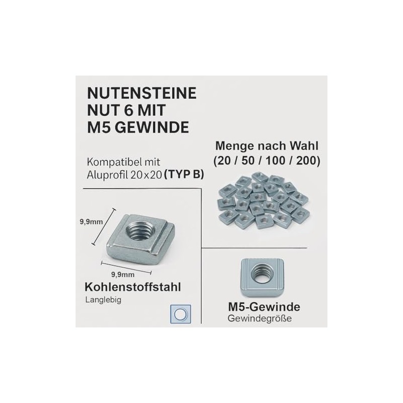 50x Nutensteine Nut 6 mit M5 Gewinde – kompatibel mit