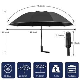 FATONESA Reverse Umbrellas for Rain Windproof Inverted Compact Folding Automatic Reflective Safety Strips UPF 50+ 99% UV Protection Portable 47 Inch 10 Rids Umbrella Black, black