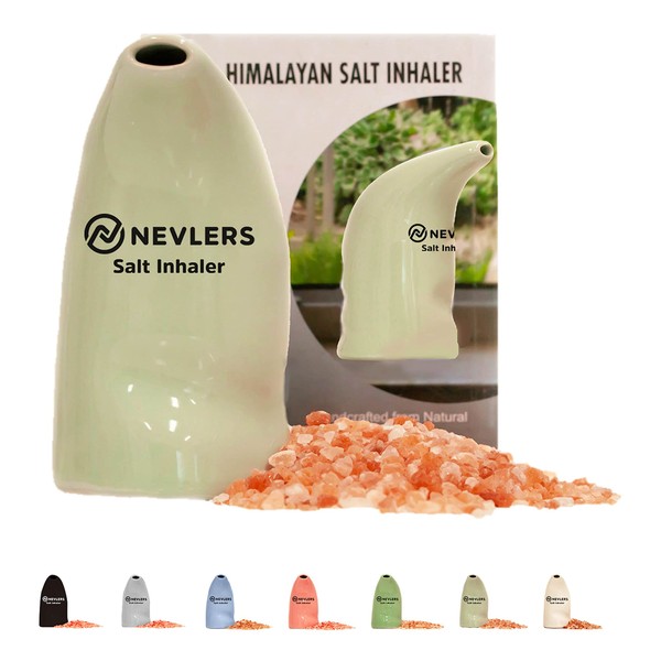 Nevlers Easy to Use Ceramic Himalayan Salt Inhaler | Natural Salt Inhaler for Allergy and Asthma Relief - Includes 6 Oz of Pure Himalayan Pink Salt | Salt Inhaler Himalayan for Asthma - Olive Color