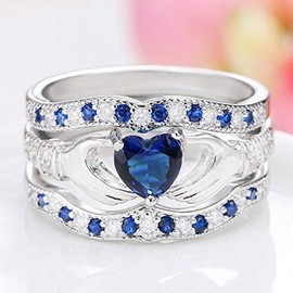 MAIHAO 3Pcs Irish Claddagh Celtic Heart Sapphire 925 Silver Ring Wedding Bridal Set New Jewelry Size 5-12 (US Code 8)