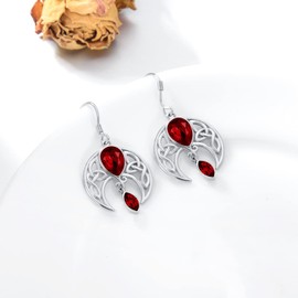 AOBOCO Celtic Earrings 925 Sterling Silver Crescent Moon Dangle Drop Earrings with Simulated Ruby Red July Birthstones Celtic Irish Jewellery Gifts for Women