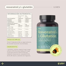 EVRY LUMEN | Resveratrol, L-Glutatión 290mg Y Zinc | Antioxidante Adicionado Con Cordyceps, Chaga