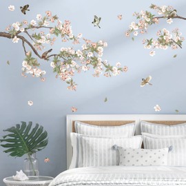decalmile Flower Tree Branch Wall Stickers Cherry Blossom Floral Birds Wall Decals Girls Bedroom Living Room TV Sofa Wall Decor