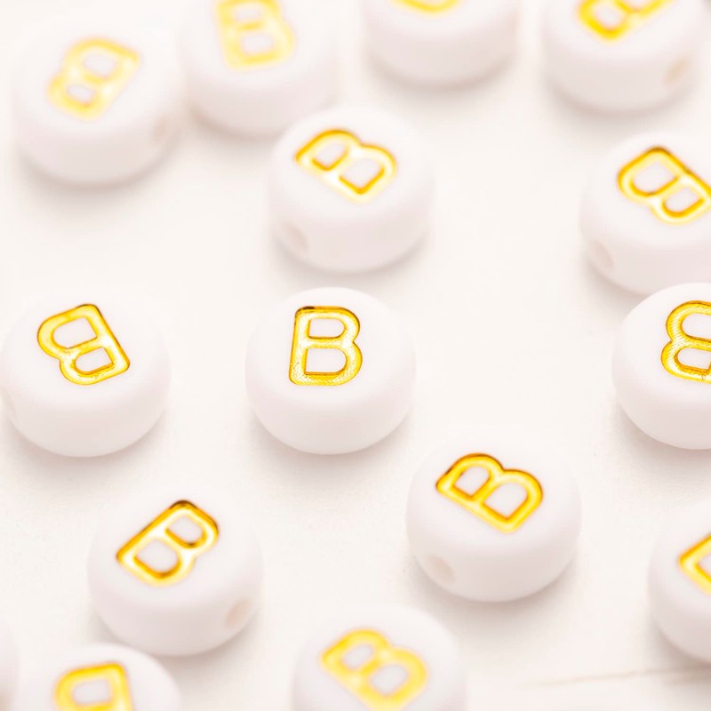 200Pcs Acrylic Letter Beads Alphabet Gold Letter B White Beads