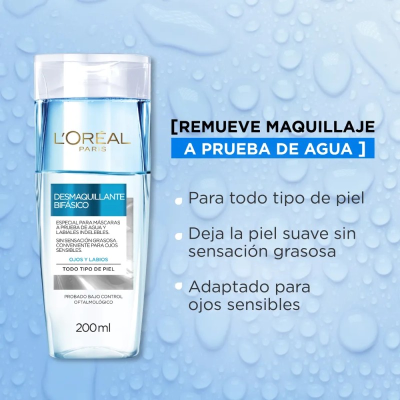 L'Oreal Paris Desmaquillante Bifásico para Ojos y Labios, Todo Tipo