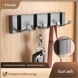 4 Aluminum Hooks,Hidden Design,Bathroom Kitchen Bedroom Over Door Towel Hook,Chrome Hooks Hanging, Gray Alloy Multi-Functional Folding Hooks Fixed in Punch or Paste
