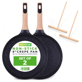 NutriChef 2-Pack Non-Stick Crepe Pan Set, 9.4" Marble Coated Dosa Pans with Wooden Spreaders, Bakelite and Wood Handles, Induction-Compatible, Dishwasher Safe, Even Heat Distribution, Black Marble