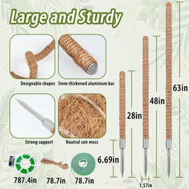 3 Pack Moss Pole, 28" 48" 63" Monstera Plant Support for Climbing Indoor Plants, Bendable Coco Coir Plant Support Stakes for Potted Plants, Pothos, Philodendron