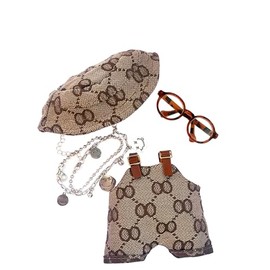 MIANMIA 17cm Doll Clothes Set - Khaki Printed Overalls & Hat, Silver Necklace, Leopard Print Glasses Exquisite Accessories for 17cm Dolls (4-Piece Outfit)