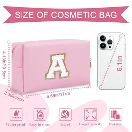 Bolsa de maquillaje personalizada con inicial A-Z Preppy Bolsa de parche pequeña de piel sintética con cierre, bolsa de aseo blanca bonita para adoles