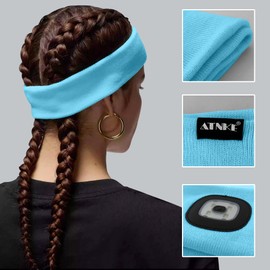 ATNKE 4 LED Lighted Sport Sweatband,USB Rechargeable Running Head Band Lamp High Stretch Wicking Gifts for Men and Women/#Light Blue