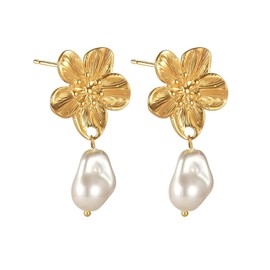 Boho Flower Pearl Earring for Women Gold Floral Pearl Statement Dangle Earrings Dainty Plumeria Flower Memorial Drop Earrings Sparkly Floral Pearls Dangle Drop Earrings Holiday Prom Costume Jewelry Accessories (gold)