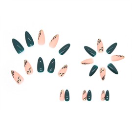 Green Press on Nails Short Almond Fake Nails Leaf False Nails with Designs Gold Acrylic Glossy Full Cover Glue on Nails Press ons Cute Artificial Stick on Nails for Women Nails Decoration 24 Pcs