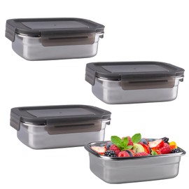 WakiHong Set of 4 Food Storage Boxes, 650 ml, Food Storage Containers with Lid, Multifunctional Metal Containers, 16.5 x 12 x 5 cm, Suitable for Fridge Storage Boxes, Sealed Boxes, Fruit Lunch Boxes
