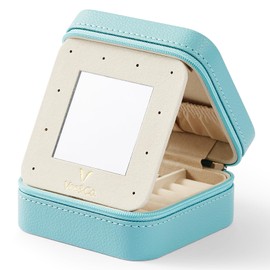 VEE&CO. Women's Day Gifts 2024 Small Travel Jewelry Case, Mini Jewelry Organizer with Mirror Portable Display Storage Jewelry Box for Earrings, Rings, Necklaces, Bracelet for Women Girls (Blue)