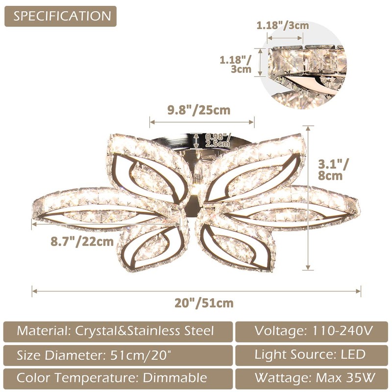 CLAIRDAI 20" Dimmable Modern Crystal Chandelier Flower Led Ceiling Light