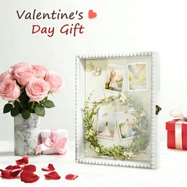 Love-KANKEI Shadow Box Frame 11x14, Deep Large Shadow Box Display Case with Unique Beads Door and Glass Window, Wood Memory Box for Pictures,Medals,Memorabilia,Collections White