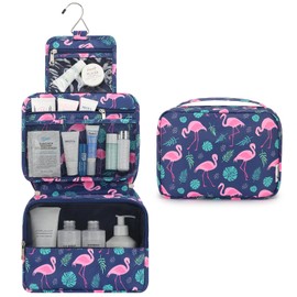 Mossio Hanging Toiletry Bag with Sturdy Hook - Large Portable Cosmetic Makeup Travel Organizer for Men & Women Navy Flamingo