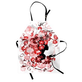 Ambesonne Femimine Apron, Flower Girl Hair Long Swirling Pink Blossoms Hair Dressers Beauty Feminine, Small Apron Bib with Adjustable Ties for Baking Painting, Small Size, Black Pink and Red