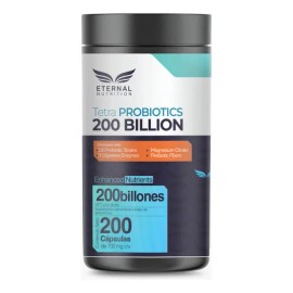 TETRA PROBIOTICS 200 BILLONES - 200 capsulas (200 BILLONES UFC por porcion), Complejo de Probioticos con Fibras Prebioticas, Enzimas Digestivas y Citrato de Magnesio by Eternal Nutrition
