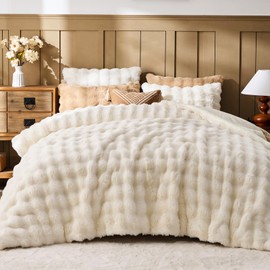 Lotus Karen Faux Fur King Comforter Set – Cream White Fluffy Comforter King Size, Big Bubble Faux Rabbit Fur Bedding Comforter Sets, Warm Cozy Fuzzy Bed Set 3 Pieces, 1 Comforter and 2 Pillowcases
