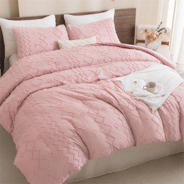 Andency Pink Tufted Comforter Set Queen(90x90Inch), 3 Pieces(1 Boho Comforter, 2 Pillowcases) Textured Farmhouse, Soft Microfiber Down Alternative Geometric Bedding Set