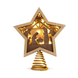 DEMDACO Lit Star Nativity Tree Topper - Glowing Gold Accented Wooden Star for Beautiful Holiday Charm - Christmas Tree Topper - Warm LED Shadow Box - Cutout Nativity Scene