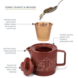 Tea Forte Terra Stoneware Teapot with Infuser and Lid, Frank Lloyd Wright, 20 oz. Sienna Stoneware Pot for Steeping Loose Leaf Tea, Dishwasher & Microwave Safe